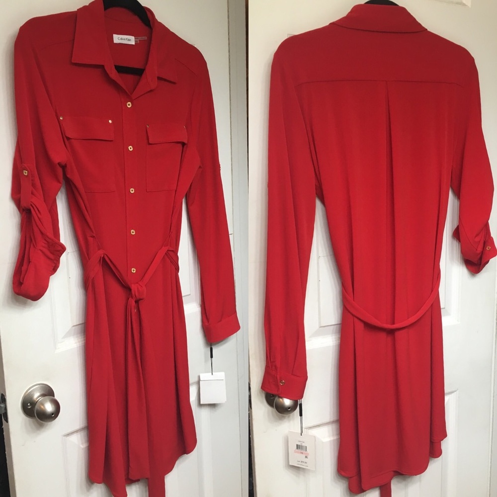 NWT Calvin Klein Button Tab 3/4 Sleeve Red Dress